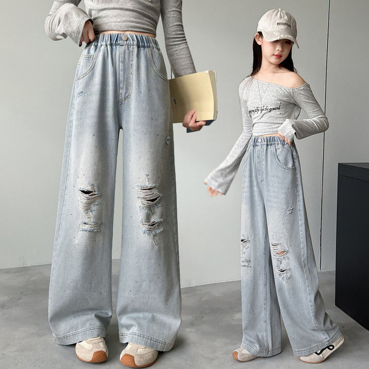 女童破洞牛仔裤2026新款韩版休闲高腰烫钻阔腿裤洋气时髦长裤宽松