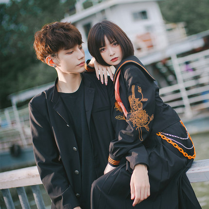 【糖果家】秋夙黑橙配色不良水手服情侣款诘襟长裙刺绣腰链现货