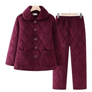 中老年人秋冬季睡衣女珊瑚绒三层夹棉加厚奶奶套装妈妈保暖家居服