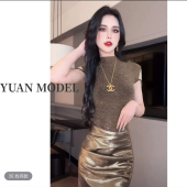 I媛老板 MODE 2025春季 肩带圆孔烫钻短袖 021327 T恤打底衫 YUAN