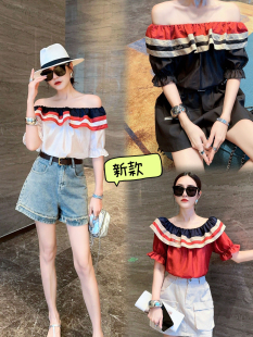 欧货2024夏款拼接衬衫一字肩领法式短袖衬衫欧洲站荷叶边上衣