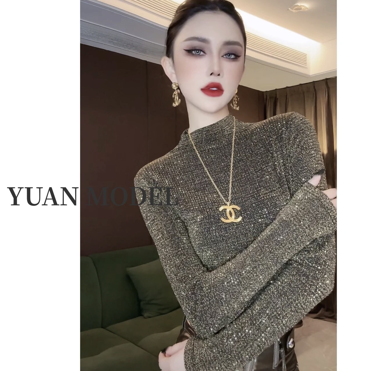 【YUAN MODE I】媛老板-秋装半高领烫钻弹力长袖T恤打底衫 B10083