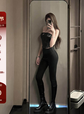 LUV2SHY 现货 冬天ju好搭 加薄绒pu皮显瘦收腰瑜伽长裤鲨鱼裤靴裤