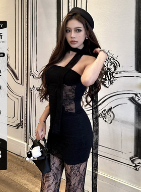 LUV2SHY 现货 视觉沦陷 黑色蕾丝拼接毛毛抹胸围巾连衣裙纯欲辣妹