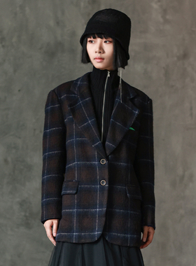 LADYS DIARY原创设计女装格纹单排扣西装外套女冬款口袋巾装饰