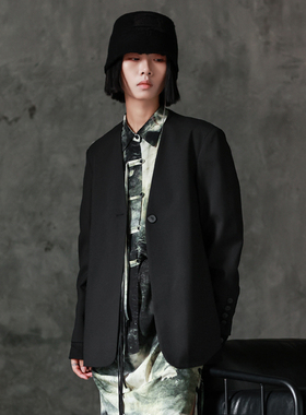 LADYS DIARY原创设计女装拼接牛仔西装外套春季女无领一粒扣