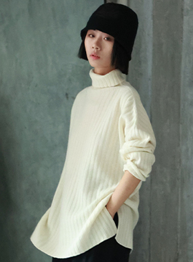 LADYS DIARY原创设计女装纯色宽松落肩高领罗纹羊毛套头毛衣女装