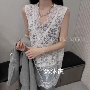 现货欧洲站2025夏款V领洋气百搭显瘦宽松性感蕾丝内搭无袖背心