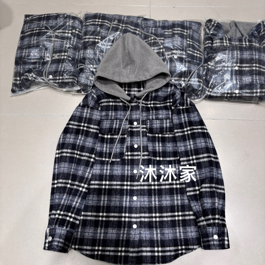 现货欧洲站2025冬季新款连帽单排扣宽松洋气格子加厚衬衫外套女