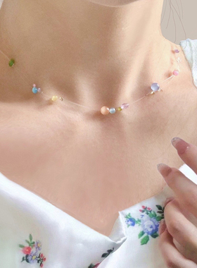 女孩波西米亚多巴胺韩式鱼线猫眼石彩色糖果色串珠温柔锁骨项链