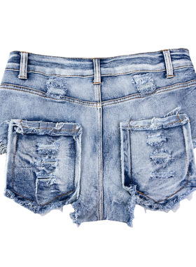 欧美辣妹高腰牛仔裤露臀超短裤女纯欲风休闲外穿猫抓毛边破洞热裤