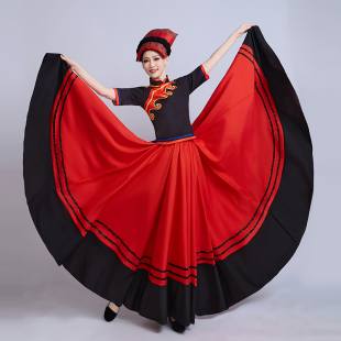 新款彝族服装女阿杰鲁李美静彝族舞蹈服大摆裙女民族合唱舞演出服