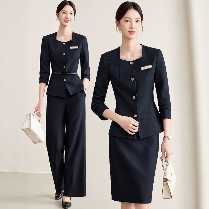 女西装阔腿裤套装酒店接待无领前台女神轻奢正装修身职业装工作服