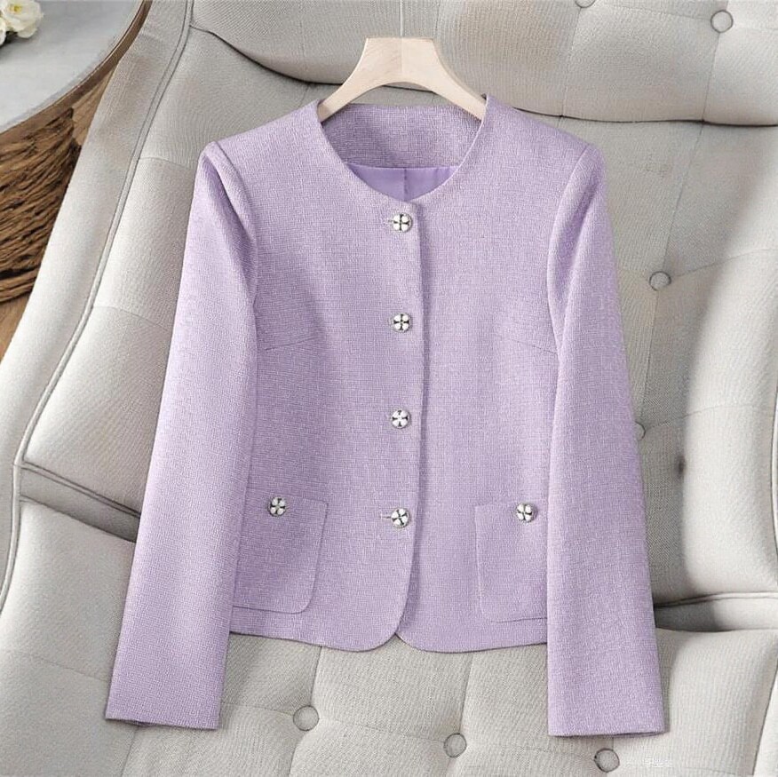 紫色春秋天小香风外套女气质名媛小个子短款圆领轻奢女神西装上衣