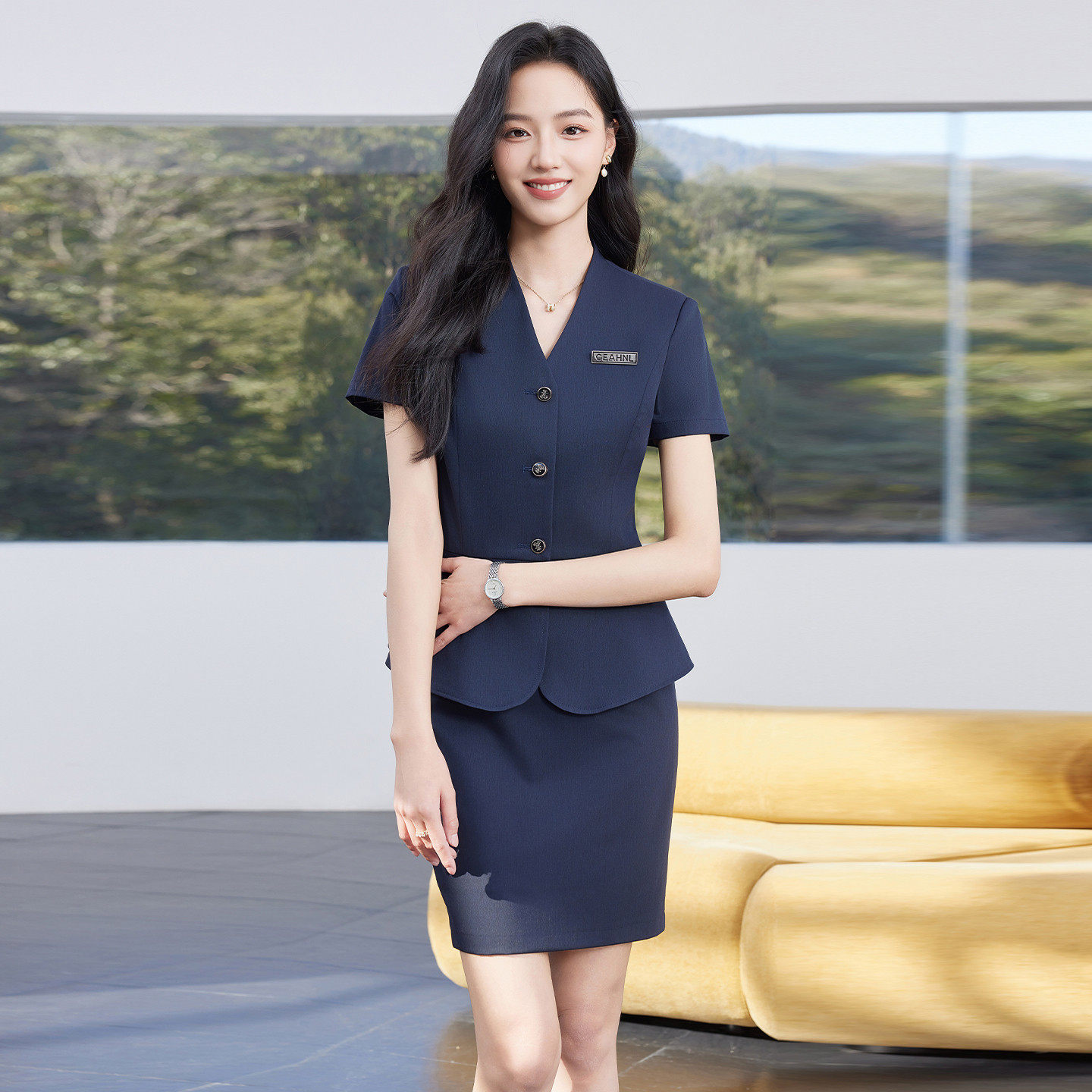 短袖西装套装女夏季薄高级感V领酒店前台珠宝店职业装气质工作服