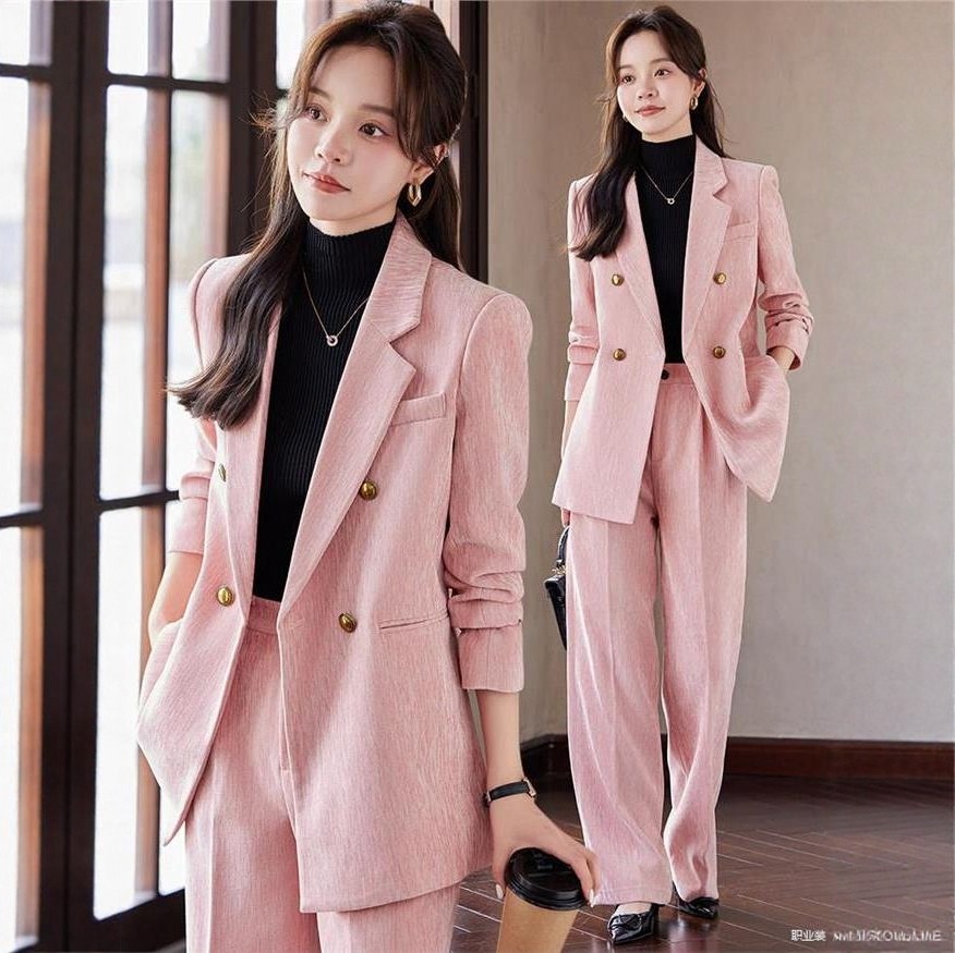 粉红色西装套装女春秋阔腿裤高级感气质女神双排扣宽松小西服上衣,女装/女士精品,西装,淘宝优惠券,粉丝福利购,淘宝优惠卷