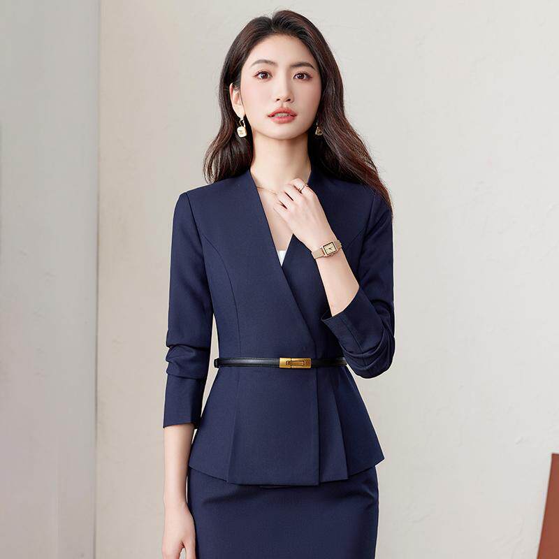 职业西装套装女春秋高级感珠宝店正装套裙无领收腰气质职场工作服