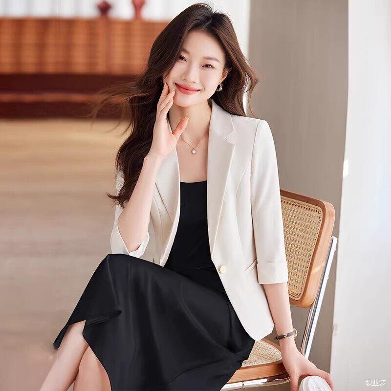 白色西装外套女夏季连衣裙两件套小众职业装小个子薄款套装春夏天