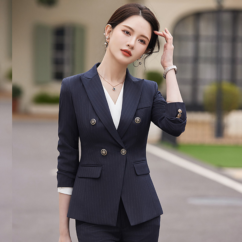 工作服女职业气质春秋季小个子条纹西装套装前台接待会务高端正装