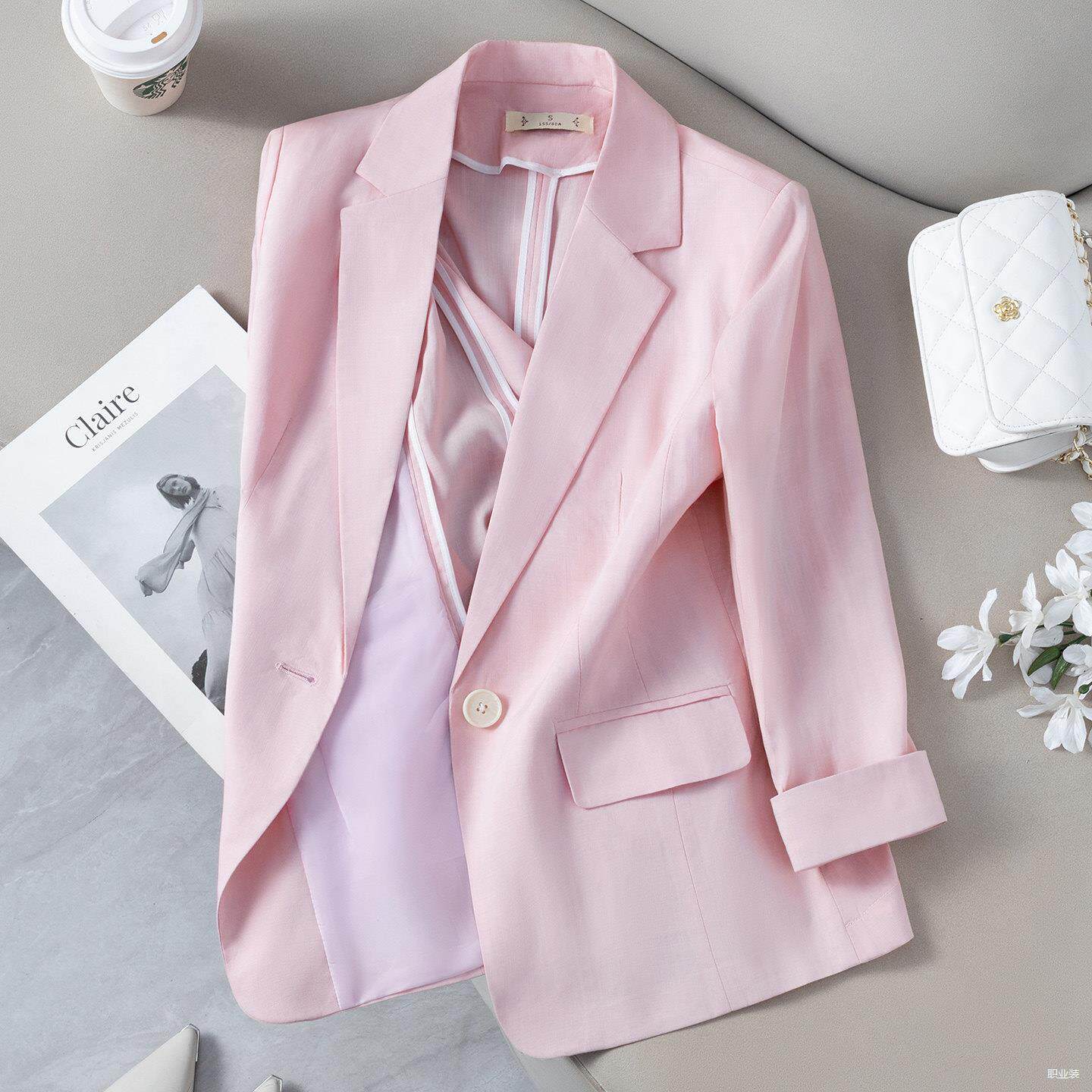 薄款粉色西装外套女夏季气质轻奢天丝修身型短款休闲小西服小个子