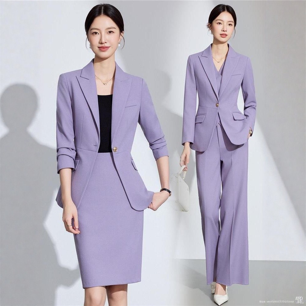 紫色西装套装女职业春秋气质女神正装三件套主持人正装西服工作服