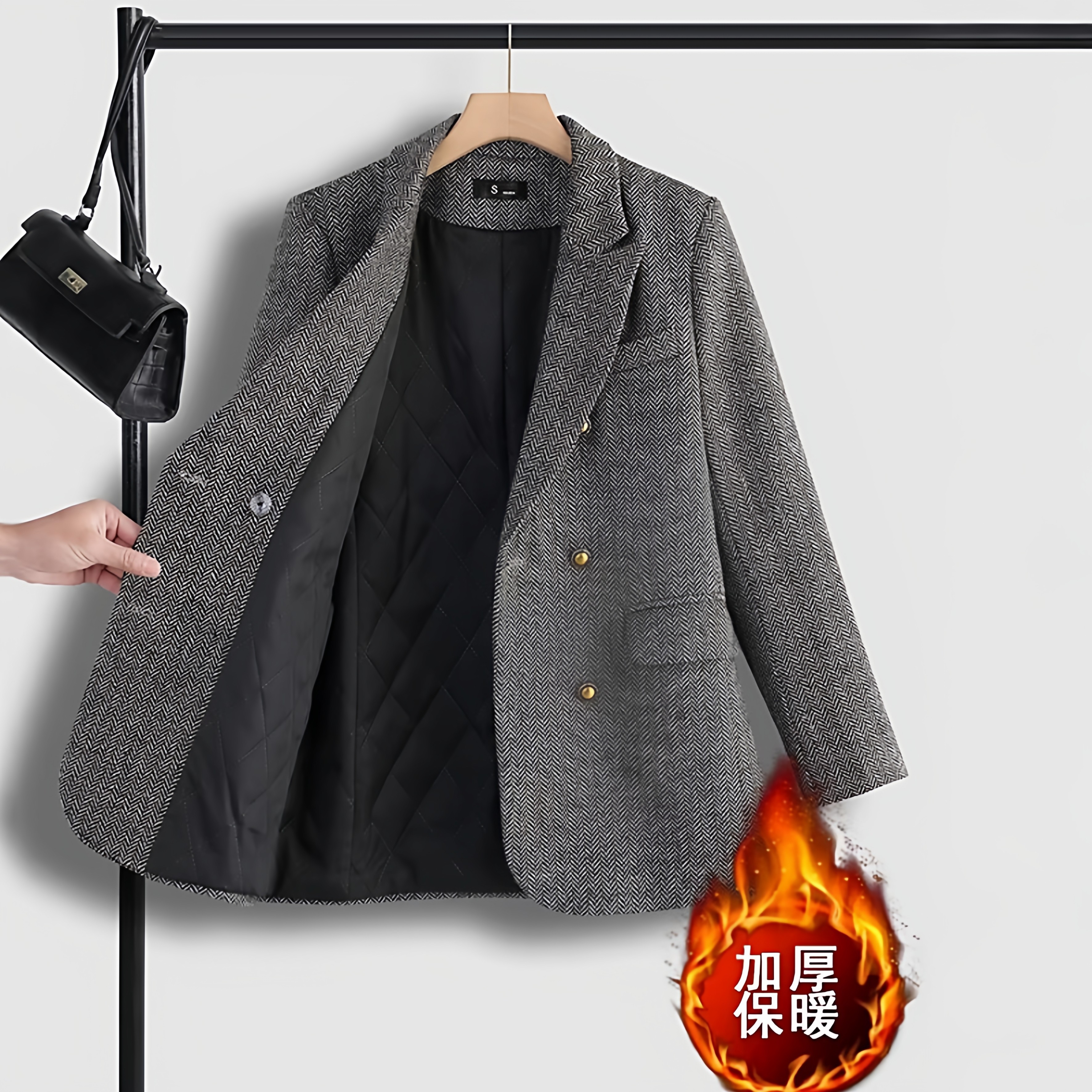 绵羊毛呢外套小个子秋冬季夹复古女西装保暖加厚双排扣复古风灰色