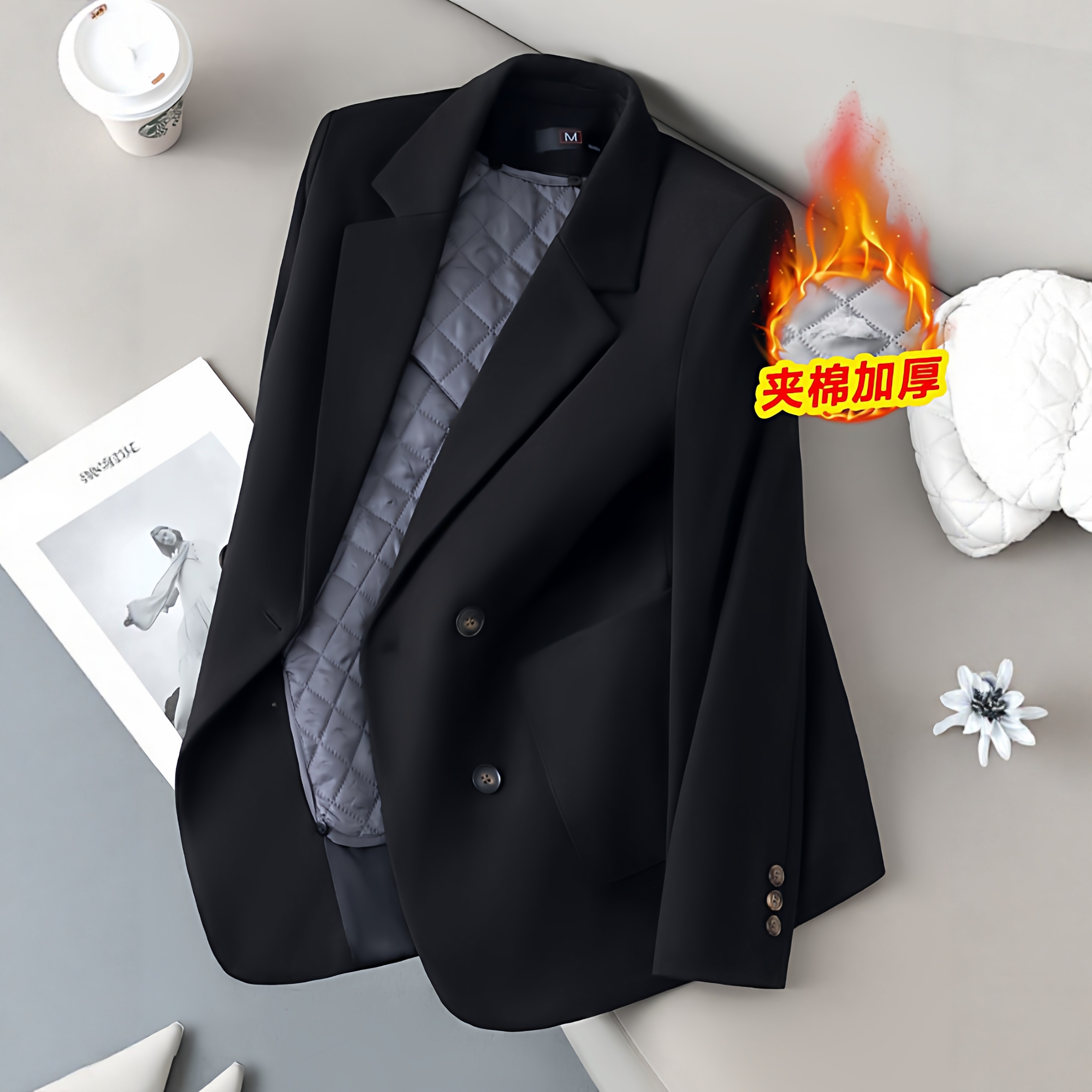 毛呢大衣西装黑色西服冬女加棉呢子加厚气质女神夹棉保暖休闲外套