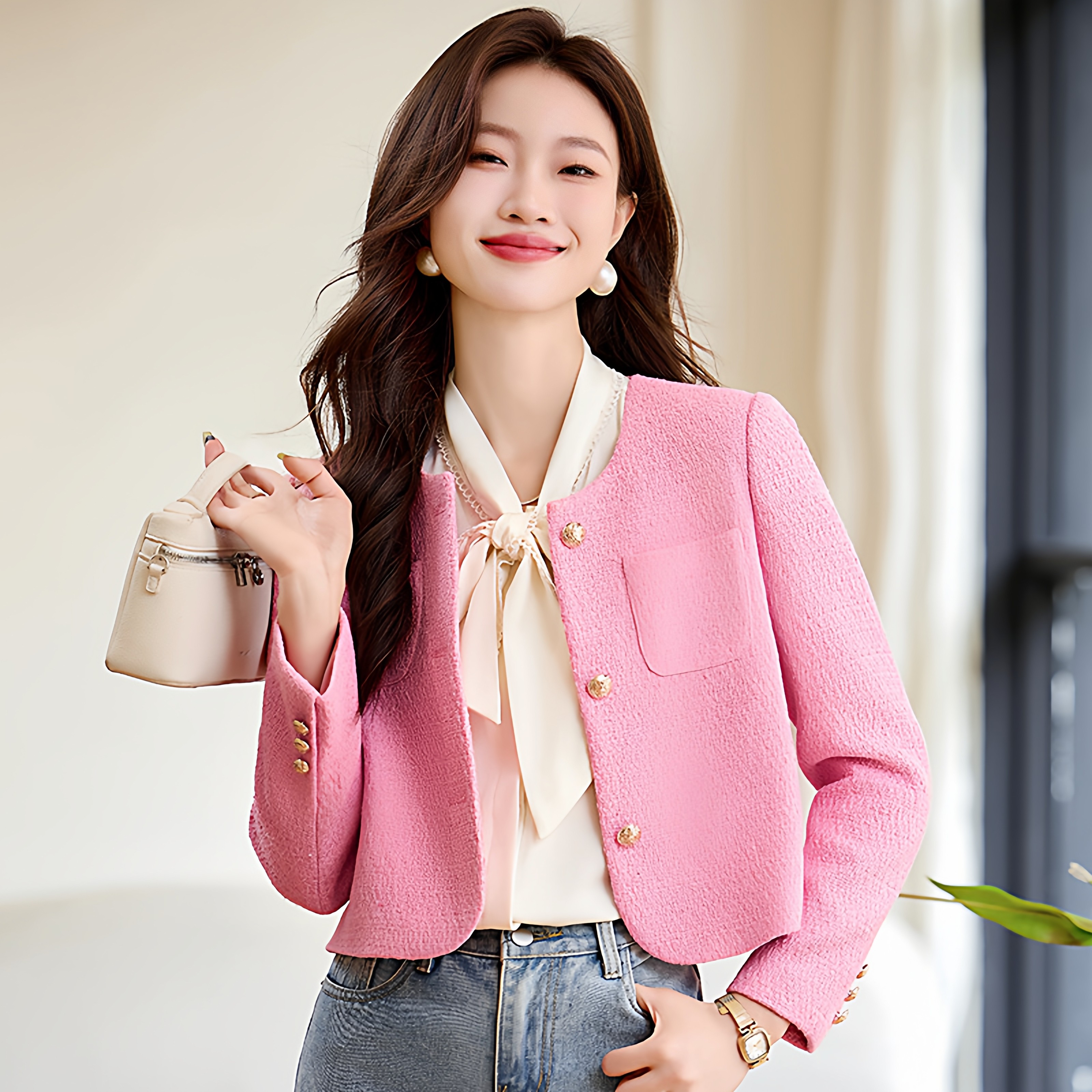 粉色小香风外套春秋轻奢名媛气质高端小个子短款上衣女粗花呢圆领,女装/女士精品,短外套,淘宝优惠券,粉丝福利购,淘宝优惠卷