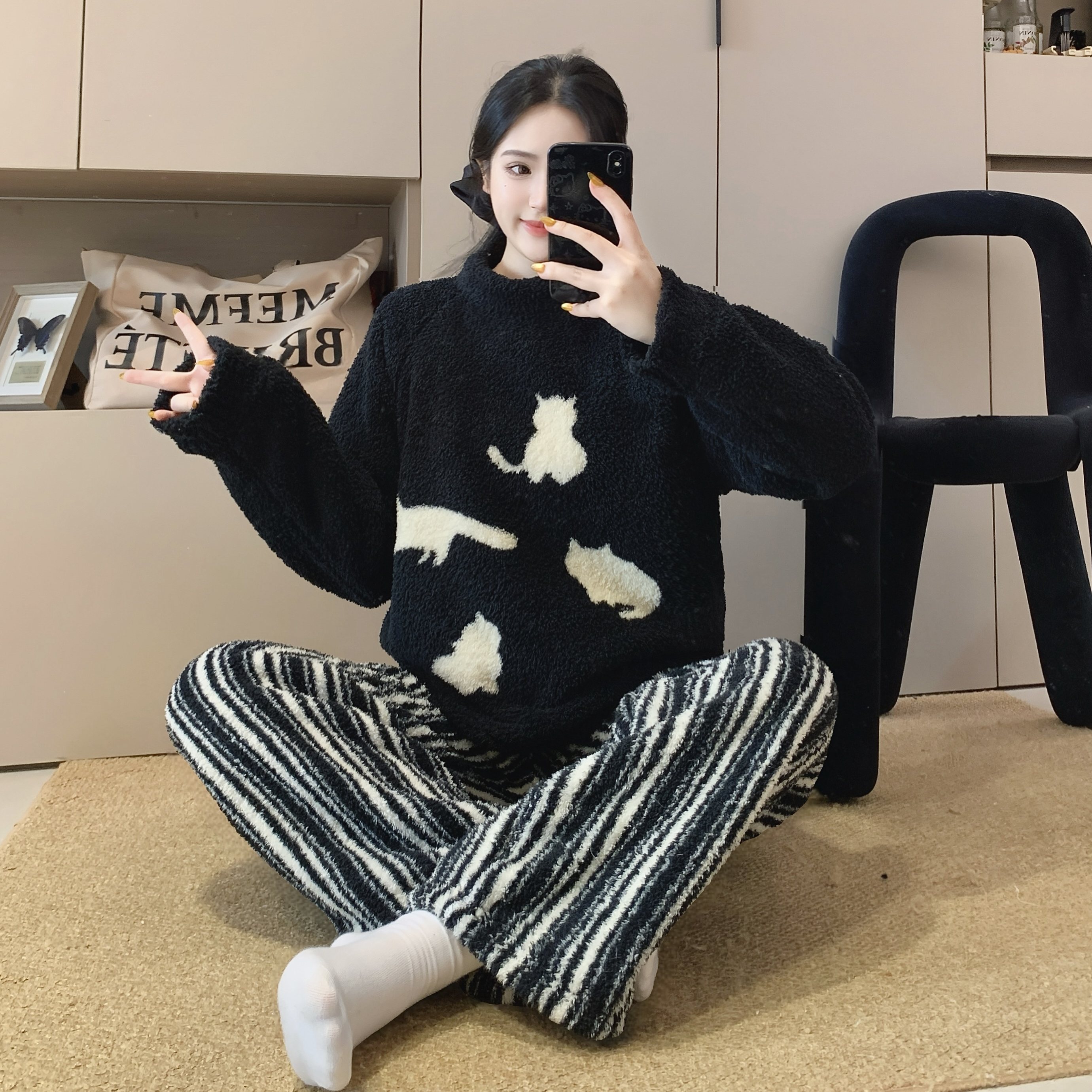 睡衣女2025新款秋冬季加厚保暖半边绒长袖套装高级感家居服可外穿