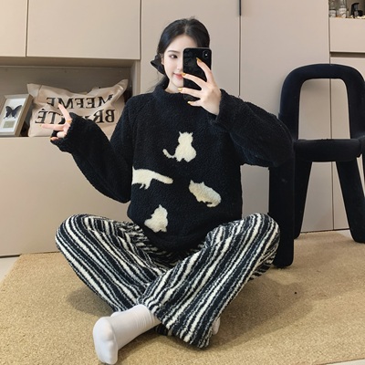 睡衣女2025新款秋冬季加厚保暖半边绒长袖套装高级感家居服可外穿