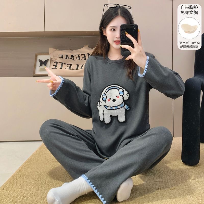 围巾小狗秋冬新款羊绒带胸垫女款长袖加厚保暖睡衣套装宽松家居服