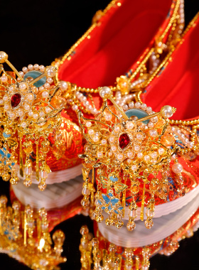 地久天长 红色凤凰秀禾婚鞋女古风中式婚礼婚鞋明制汉服婚鞋增高