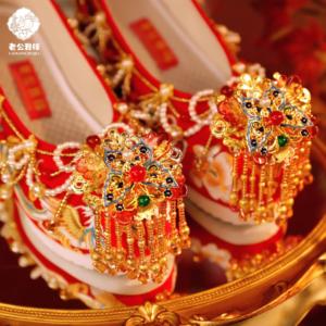 情比金坚 中式秀禾婚鞋内增高平跟凤凰刺绣婚鞋手工流苏汉服婚鞋