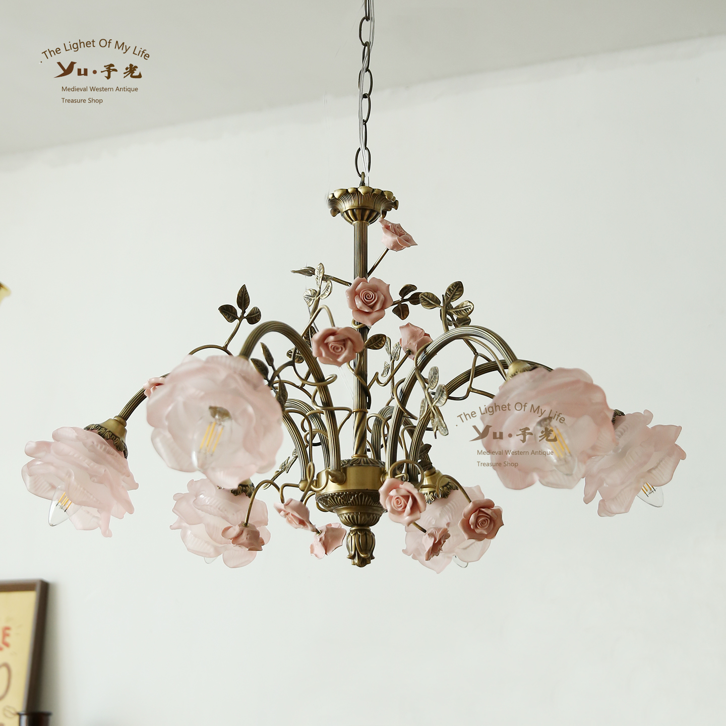 法式全铜吊灯美式复古客厅卧室玫瑰花朵浪漫田园中古餐厅吊灯