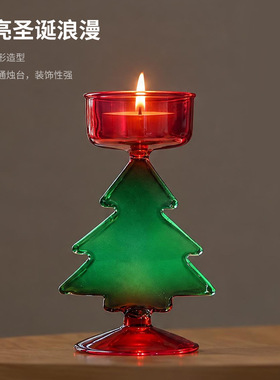 创意欧式圣诞树玻璃烛台 红色雪松圣诞蜡烛台 家用蜡烛座装饰摆件