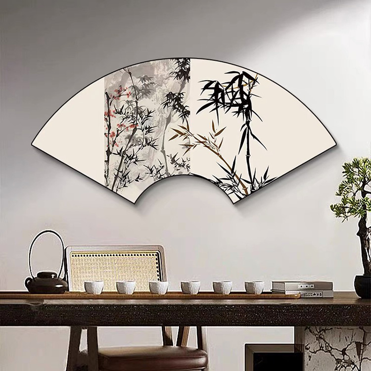 扇形扇子装饰画中式客厅背景墙壁画扇面山水画迎客松字画玄关挂画