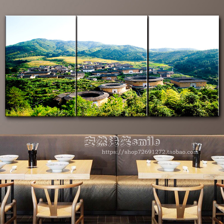 福建客家土楼装饰村寨建筑挂画传统古民居围龙屋风景酒店饭店壁画