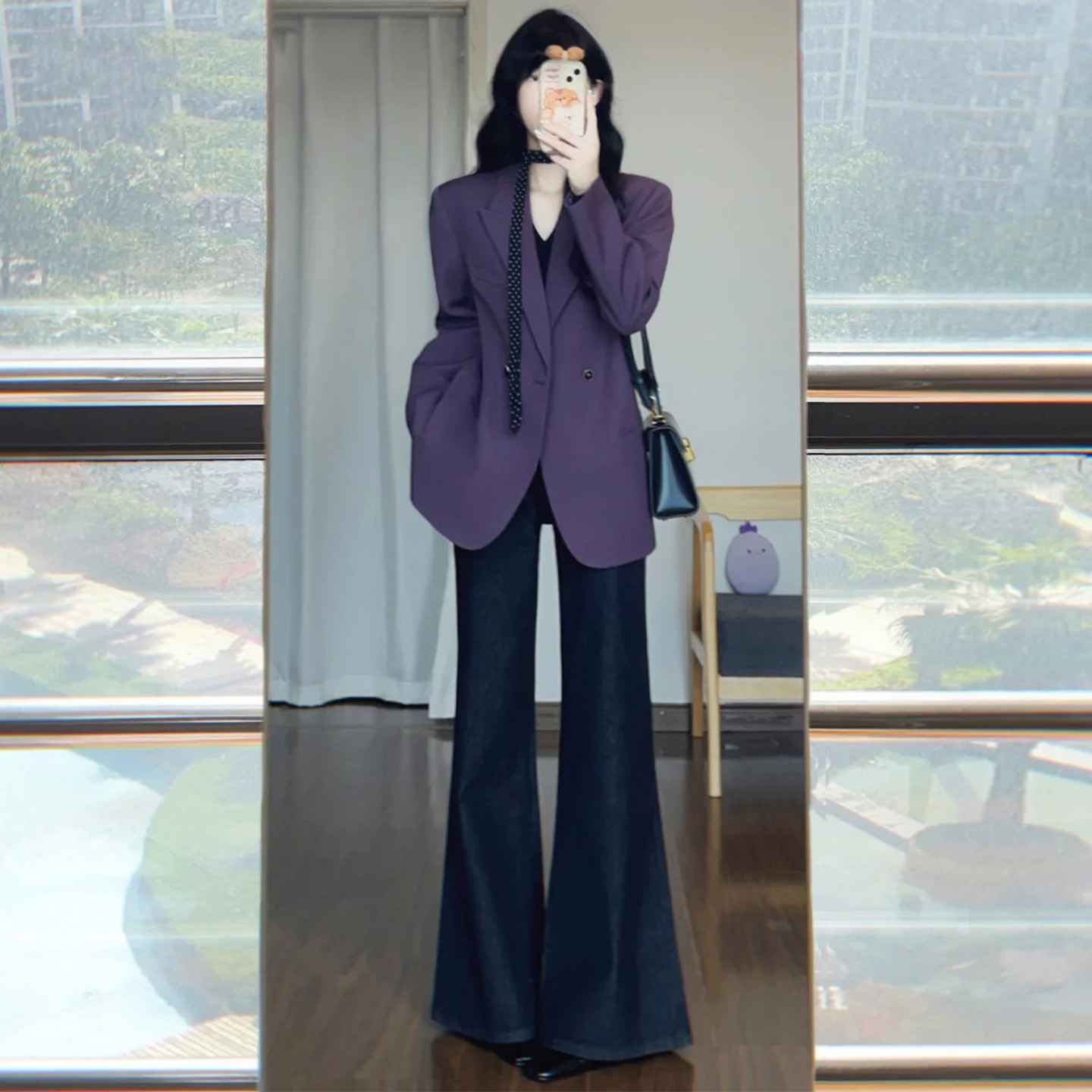 四面弹深蓝色微喇牛仔裤女