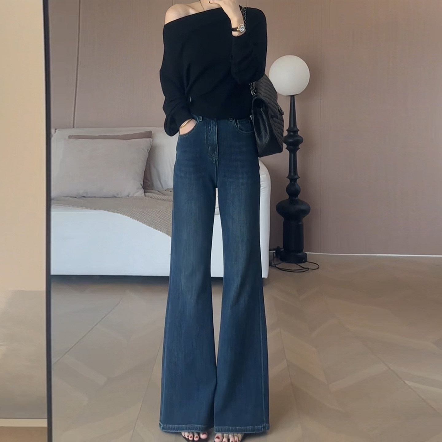 高腰直筒阔腿加绒微喇牛仔裤女2025秋冬新款复古不贴腿喇叭拖地裤,女装/女士精品,牛仔裤,淘宝优惠券,粉丝福利购,淘宝优惠卷