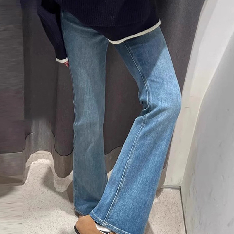 蓝色弹力微喇牛仔裤女2025春秋季高腰显瘦宽松休闲阔腿喇叭长裤子