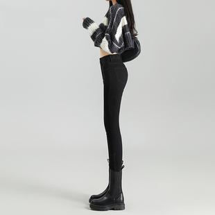 高腰弹力加绒加厚百搭铅笔裤 秋新款 女小脚裤 2025年黑色紧身牛仔裤