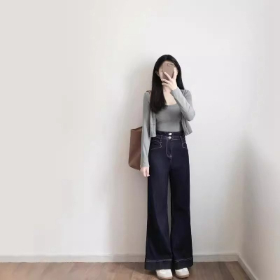 弹力深蓝色阔腿牛仔裤女