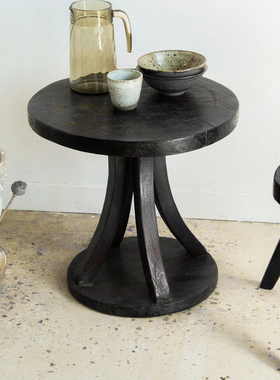 设计师款侘寂风碳化黑色纯实木中古风复古民宿小圆几边几咖啡桌