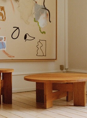 设计师款侘寂风现代实木茶几圆形民宿客厅榫卯中古风原木咖啡桌