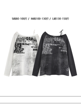 从未定义 美式复古斜领插肩袖透气罩衫女小众字母印花时尚长袖T恤