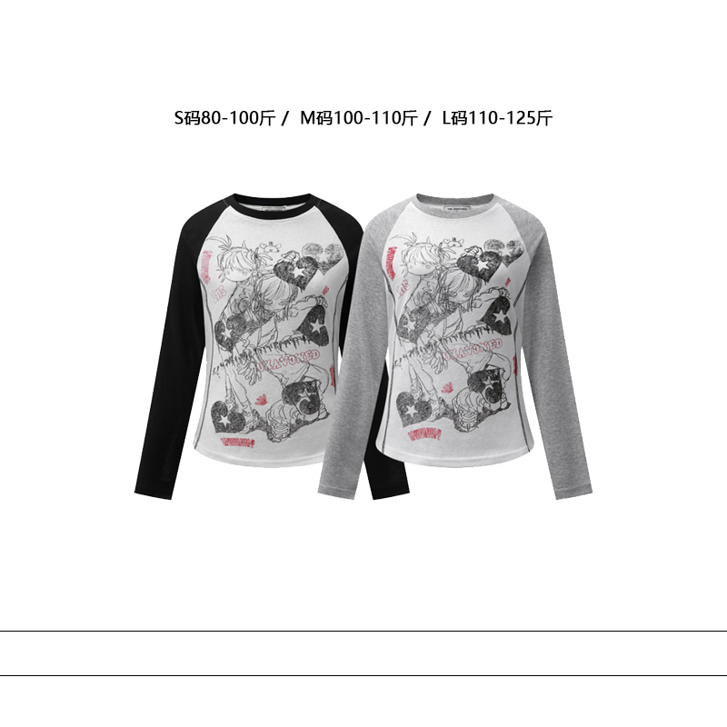 从未定义 美式复古卡通少女印花休闲上衣撞色设计感圆领罩衫女