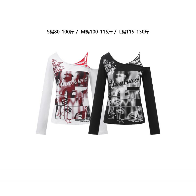 从未定义 美式纯欲风印花斜领假两件长袖T恤女辣妹显瘦百搭上衣潮