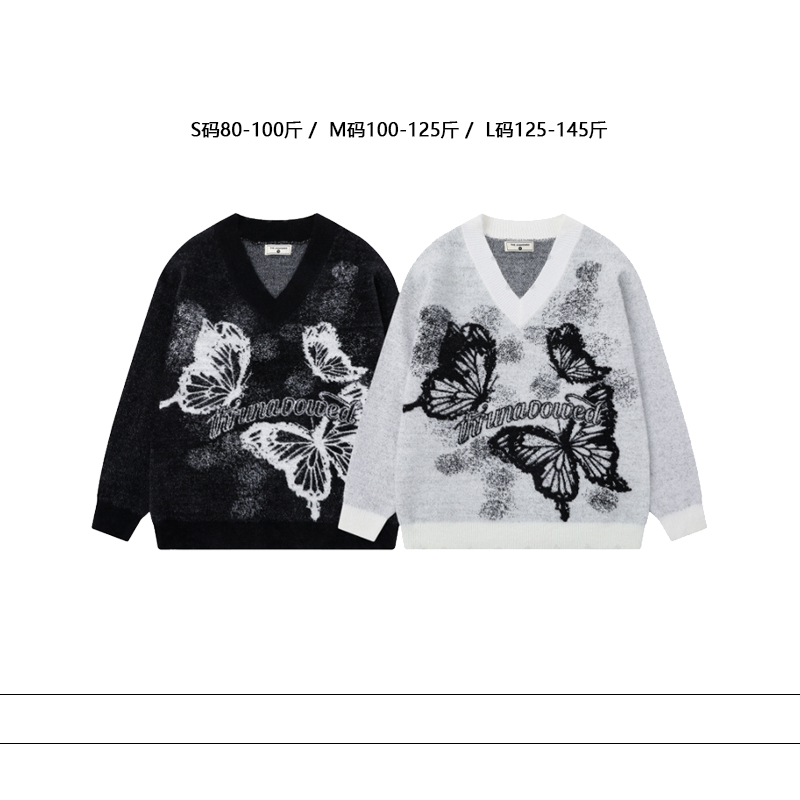 从未定义 美式街头蝴蝶设计感休闲针织衫潮牌ins显瘦百搭V领毛衣