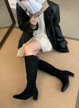 外贸出口黑色高筒羊京皮时尚百搭高筒靴女靴