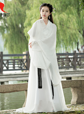 唐朝汉服襦裙白色清新雪纺飘逸仙女小龙女影楼写真拖尾古装临江仙